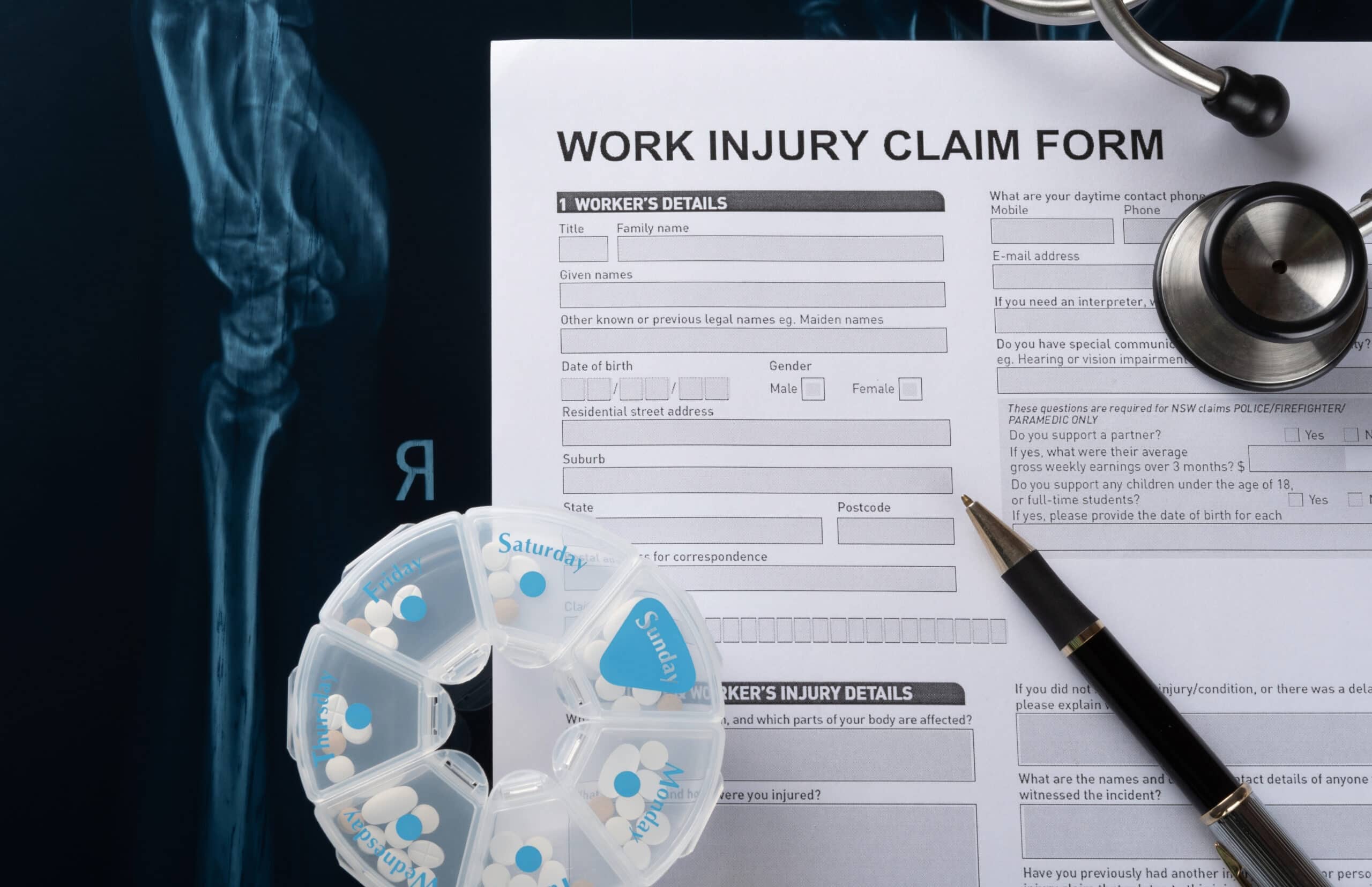 Work injury claim form with a pen, medicines & x-ray report